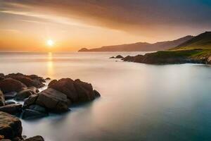 a Sol conjuntos sobre a oceano e pedras. gerado por IA foto