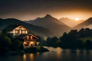 foto papel de parede a céu, montanhas, lago, casa, pôr do sol, a casa, a montanhas,. gerado por IA