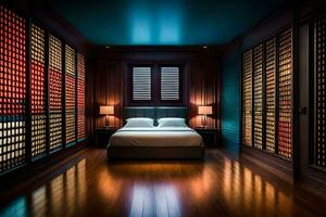 uma quarto com de madeira pavimentos e uma cama. gerado por IA foto