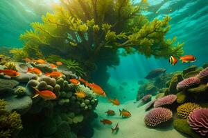 embaixo da agua cena com coral recife e peixe. gerado por IA foto