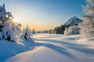 foto papel de parede a céu, neve, árvores, montanhas, sol, árvores, a montanhas, o. gerado por IA