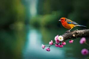 uma colorida pássaro senta em uma ramo perto uma rio. gerado por IA foto