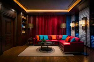 uma vivo quarto com vermelho couro mobília e uma azul sofá. gerado por IA foto