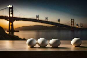 ovos em uma mesa dentro frente do uma ponte. gerado por IA foto