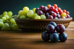 uvas dentro uma cesta em uma de madeira mesa. gerado por IA foto