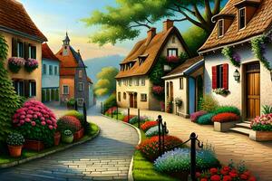 uma pintura do uma rua com casas e flores gerado por IA foto