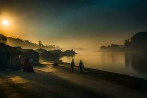 pessoas caminhando ao longo a costa do uma rio às nascer do sol. gerado por IA foto