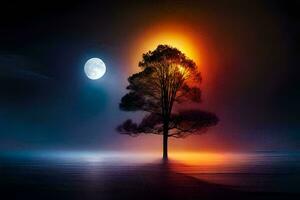 uma árvore dentro a Sombrio com uma cheio lua. gerado por IA foto