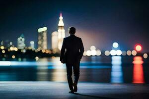 uma homem dentro uma terno anda em longe a partir de a cidade às noite. gerado por IA foto