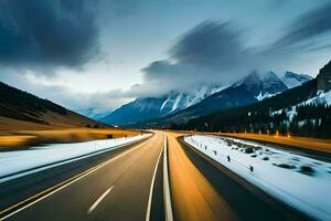 uma grandes exposição fotografia do uma rodovia dentro a montanhas. gerado por IA foto