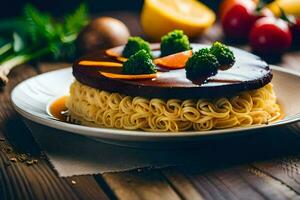 uma prato com Macarrão e legumes em uma de madeira mesa. gerado por IA foto