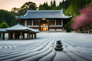 uma japonês têmpora com uma pedra caminho e uma pagode. gerado por IA foto