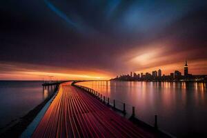 uma grandes exposição fotografia do uma cidade Horizonte às pôr do sol. gerado por IA foto