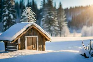 uma pequeno de madeira casa senta dentro a neve. gerado por IA foto