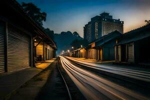 uma grandes exposição fotografia do uma trem rastrear dentro a escuro. gerado por IA foto