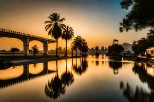 a Sol conjuntos sobre uma rio e Palma árvores gerado por IA foto