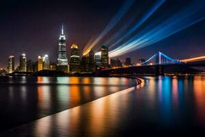 a cidade Horizonte às noite com luzes brilhando em isto. gerado por IA foto