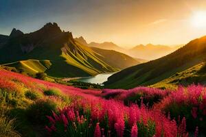 a Sol sobe sobre a montanhas e flores dentro a primeiro plano. gerado por IA foto