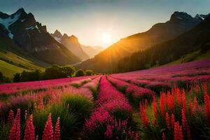 a Sol sobe sobre uma campo do Rosa flores dentro a montanhas. gerado por IA foto