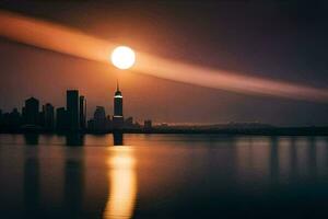 a lua sobe sobre a cidade Horizonte às noite. gerado por IA foto