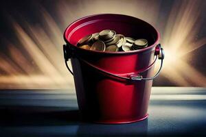 uma vermelho balde preenchidas com moedas. gerado por IA foto