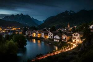 uma Cidade e rio às noite dentro a montanhas. gerado por IA foto