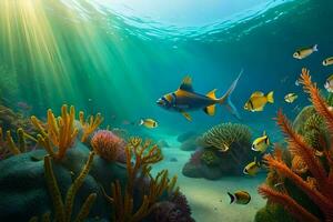 peixe natação dentro a oceano com coral recifes e raios de sol. gerado por IA foto