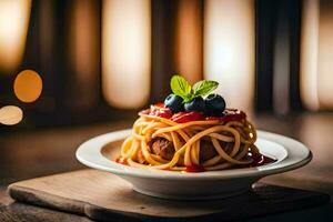 espaguete com almôndegas e tomate molho em uma placa. gerado por IA foto