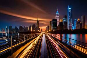 uma cidade Horizonte às noite com luzes em a ponte. gerado por IA foto