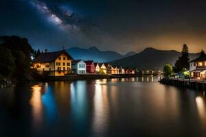 a leitoso caminho sobre a Cidade do luzerna, Suíça. gerado por IA foto