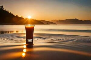 uma vidro do laranja suco em a de praia às pôr do sol. gerado por IA foto