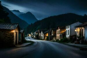 uma Sombrio rua dentro a montanhas com uma iluminado acima casa. gerado por IA foto