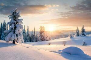 neve coberto árvores e a Sol configuração sobre uma Nevado panorama. gerado por IA foto