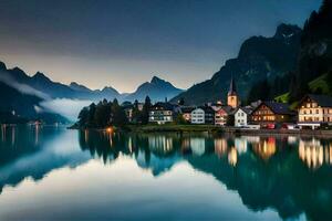 uma Cidade senta em a costa do uma lago às crepúsculo. gerado por IA foto