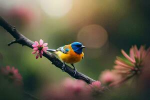 uma azul e amarelo pássaro é empoleirado em uma ramo com Rosa flores gerado por IA foto