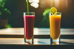 dois óculos do laranja suco e suco em uma mesa. gerado por IA foto