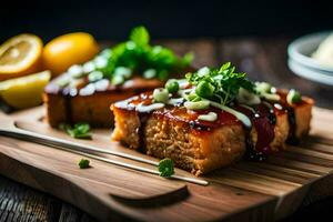 dois fatias do carne em uma de madeira corte borda. gerado por IA foto