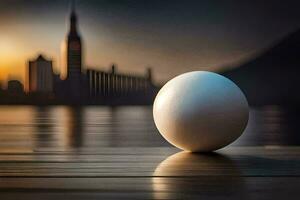 uma branco bola senta em uma de madeira chão dentro frente do uma cidade. gerado por IA foto