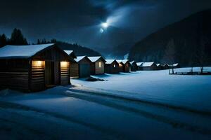 uma neve coberto estrada com de madeira cabines às noite. gerado por IA foto