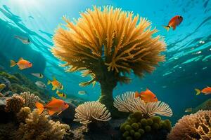 a embaixo da agua cena com coral e peixe. gerado por IA foto