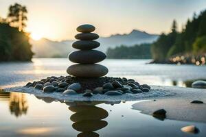 uma pilha do pedras é sentado em a costa do uma lago. gerado por IA foto