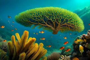 uma coral recife com muitos peixe e a laranja árvore. gerado por IA foto
