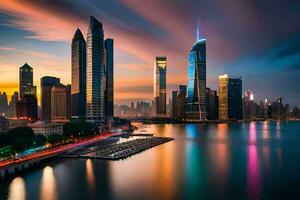 a cidade Horizonte às crepúsculo dentro Xangai. gerado por IA foto