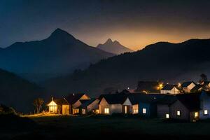 foto papel de parede a céu, montanhas, noite, a Vila, casas, a montanhas. gerado por IA