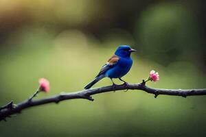 uma azul pássaro senta em uma ramo com Rosa flores gerado por IA foto