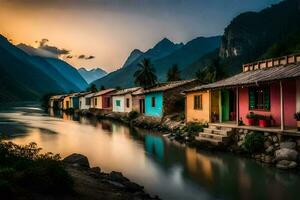 colorida casas linha a bancos do uma rio às pôr do sol. gerado por IA foto