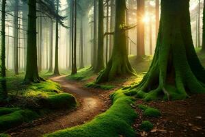 caminho através a floresta com musgoso árvores e Sol. gerado por IA foto