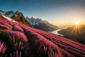 a Sol sobe sobre a montanhas e a flores florescer. gerado por IA foto