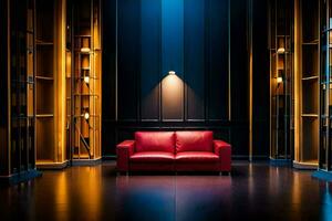 uma vermelho sofá dentro uma Sombrio quarto com estantes. gerado por IA foto