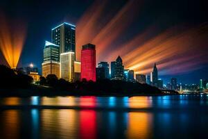 a cidade luzes estão refletido dentro a água. gerado por IA foto